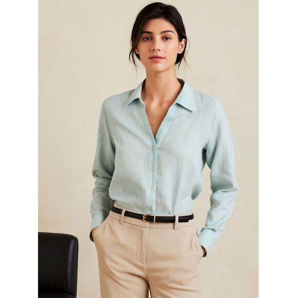 Talbots Irish Linen Button-Up Shirt Womens Sz 8 Pastel Blue Long Sleeve Classic - Picture 1 of 14